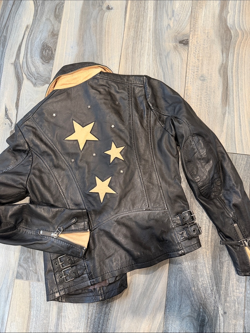 Black Leather Jacket with Cream leather Stars -